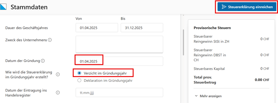 Wählen Sie die Option «Verzicht im Gründungsjahr» in den Stammdaten und senden Sie die Steuererklärung ab.
