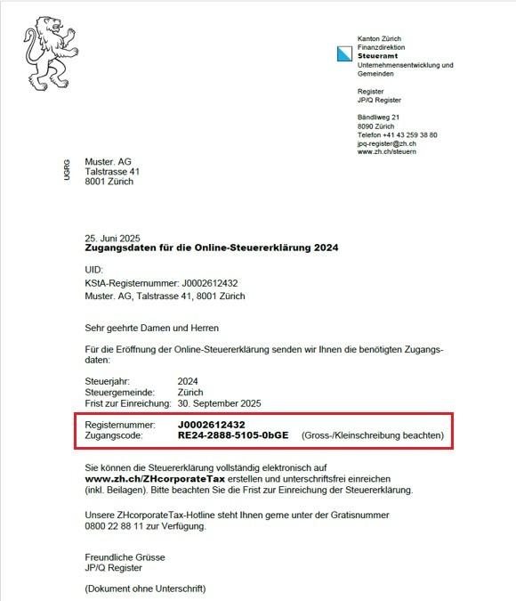 Zugangscode-Schreiben Steuererklärung für Unternehmen