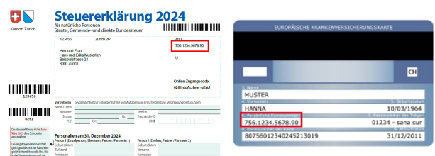 Ihre AHV-Nr. finden Sie auf Ihrer Krankenversicherungskarte oder auf Seite 1 der Steuererklärungsformulare 