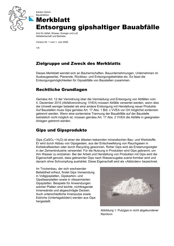 Merkblatt: Entsorgung gipshaltiger Bauabfälle