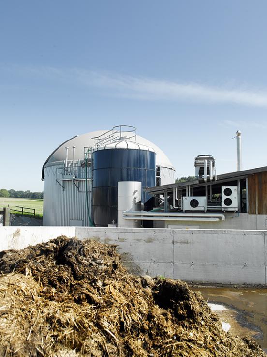 Seitenansicht einer Co-Vergärungsanlage: Im Hintergrund ein Silo und eine Kuppel, im Vordergrund ein Misthaufen