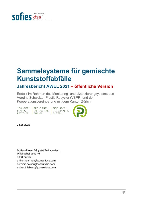 Sammelsysteme für gemischte Kunststoffabfälle im Kanton Zürich - Jahresbericht 2021 für das AWEL (dss+ Juni 2022)