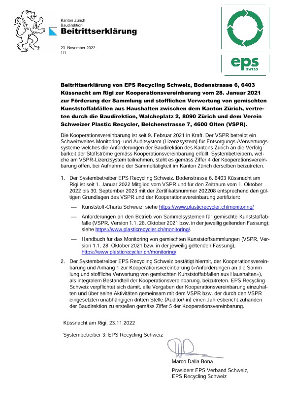 Beitrittserklärung der EPS Recycling Schweiz zur VSPR-Kooperationsvereinbarung (November 2022)