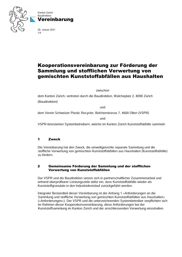 Kooperationsvereinbarung: Baudirektion Kt. ZH und Verein Schweizer Plastic Recycler (VSPR)