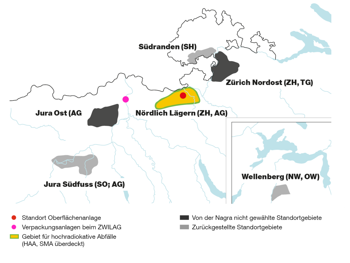 Die Karte zeigt die sechs Standortgebiete, die in Etappe 1 des Sachplans geologische Tiefenlager bestimmt wurden sowie das im Jahr 2022 von der Nagra ausgewählte Standortgebiet Nördlich Lägern im Zürcher Unterland in unterschiedlichen Farben.