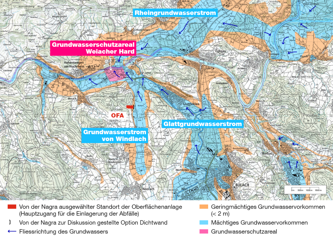 Die Karte zeigt die Grundwasserströme in der Standortregion Nördlich Lägern (Stadel/Weiach) sowie die Lage der geplanten Oberflächenanlage für das geologische Tiefenlager