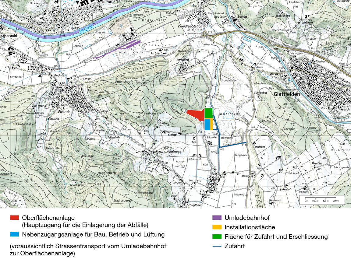 Grafik mit Standortarealen für eine Oberflächenanlage in Nördlich Lägern bei Stadel (Haberstal). 
