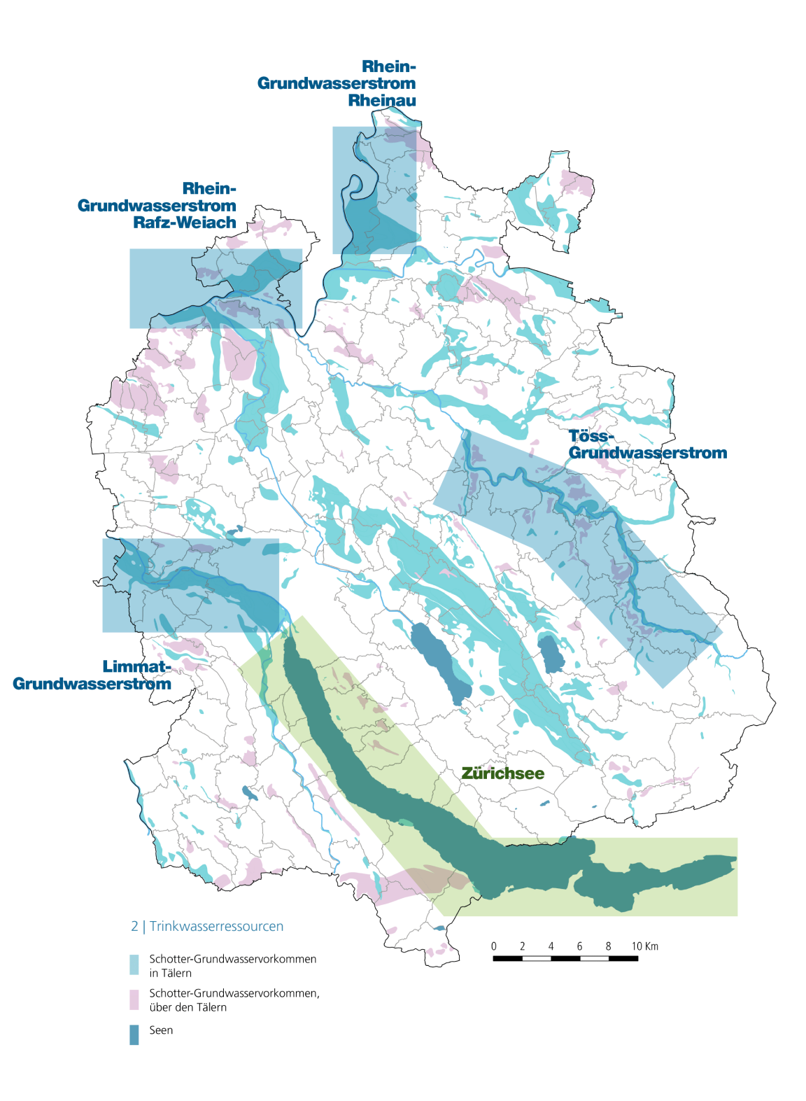 Eine Karte des Kantons Zürich zeigt die Lage der wichtigsten Trinkwasserressourcen: die Grundwasserressourcen entlang des Rheins, der Limmat und der Töss sowie den Zürichsee.
