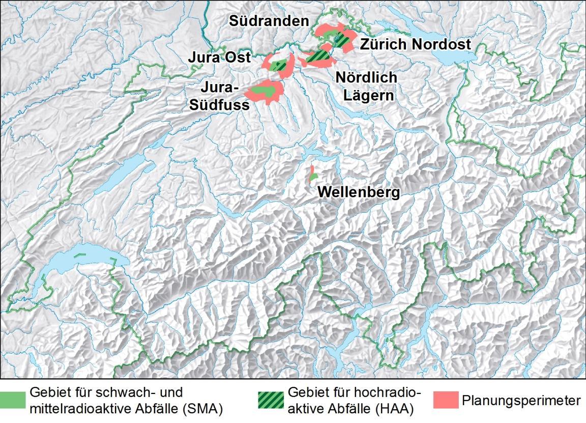 Die Abbildung zeigt die sechs vom Bundesrat im 2011 als mögliche Standortgebiete für geologische Tiefenlager bezeichneten Regionen in den Kantonen Zürich, Aargau, Solothurn, Schaffhausen und Nidwalden und die Planungsperimeter für die Oberflächenanlage des Tiefenlagers. Es handelt sich um die Standortgebiete Jura Ost, Jura-Südfuss, Nördlich Lägern, Südranden, Wellenberg und Zürich Nordost.