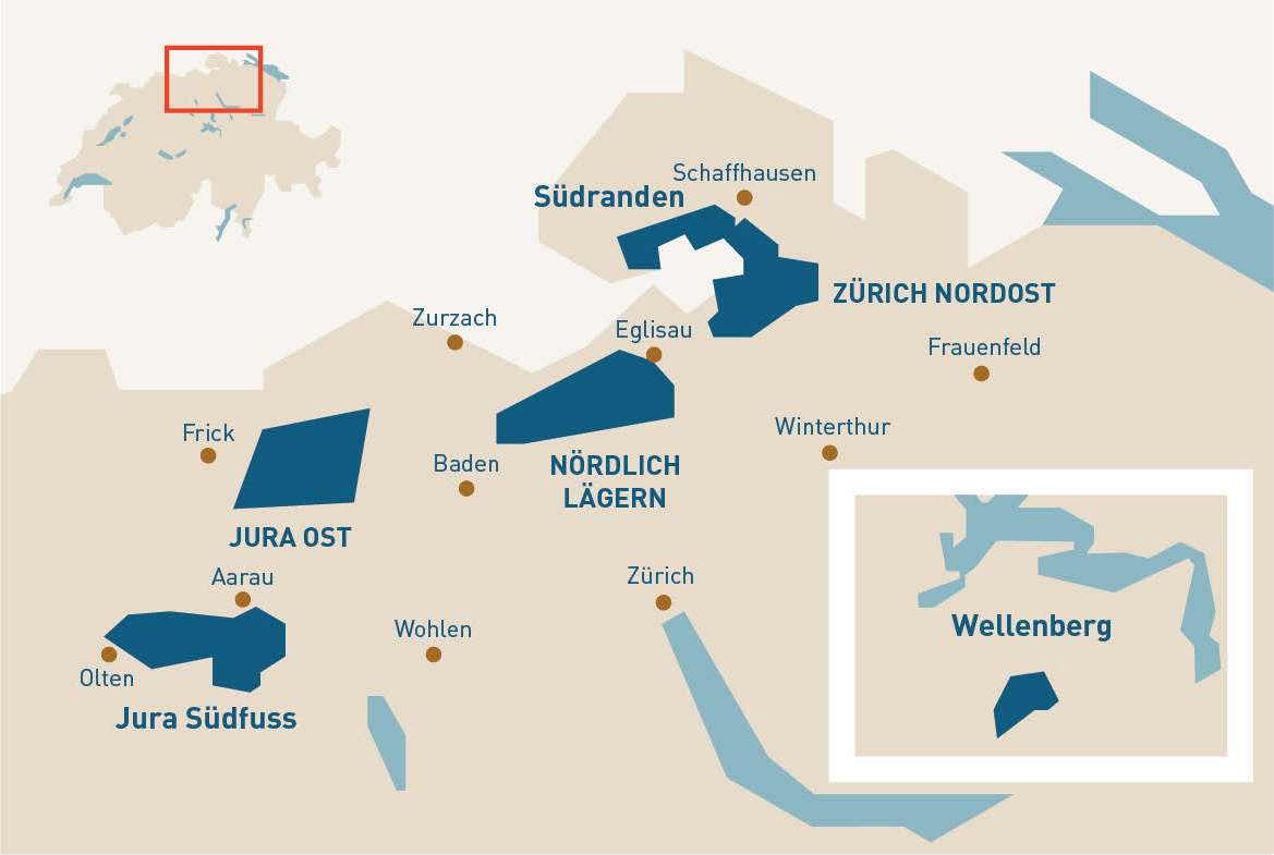 Graphische Darstellung aller sechs potentiellen Standorte für ein geologisches Tiefenlager am Ende der ersten Etappe.