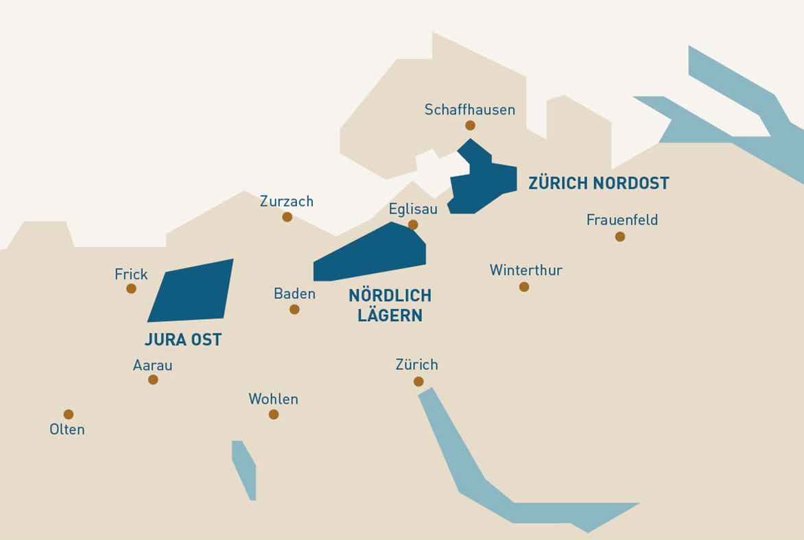 Graphische Darstellung aller sechs potentiellen Standorte für ein geologisches Tiefenlager am Ende der zweiten Etappe.