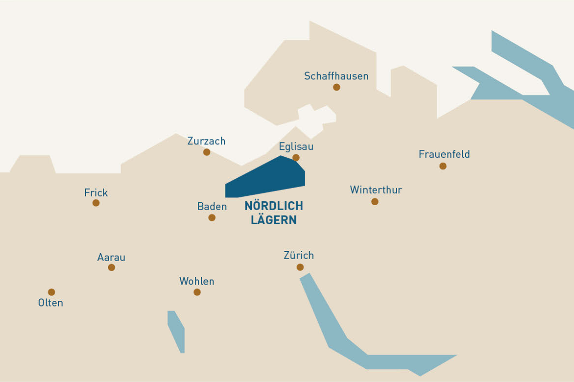 Graphische Darstellung des von der Nagra vorgeschlagene Standortgebiets Nördlich Lägern auf einem Ausschnitt der Schweizer Karte. 