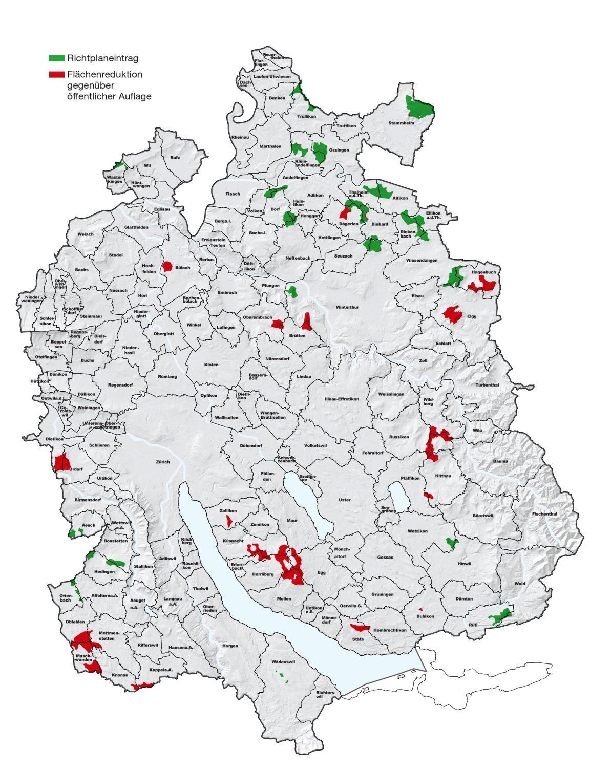 Karte des Kantons Zürich, darauf eingezeichnet die Regionen, in denen Windkraft nach aktuellem Stand potenziell möglich wäre.