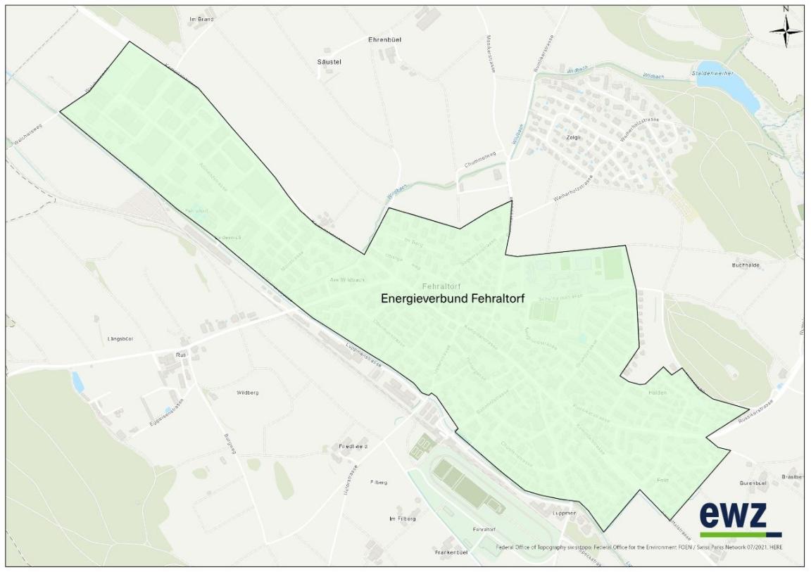 Auf einer Karte der Gemeinde Fehraltorf ist eine grosse hellgrüne Fläche eingezeichnet. Sie zeigt das Siedlungsgebiet, das der Energieverbund umfasst. 