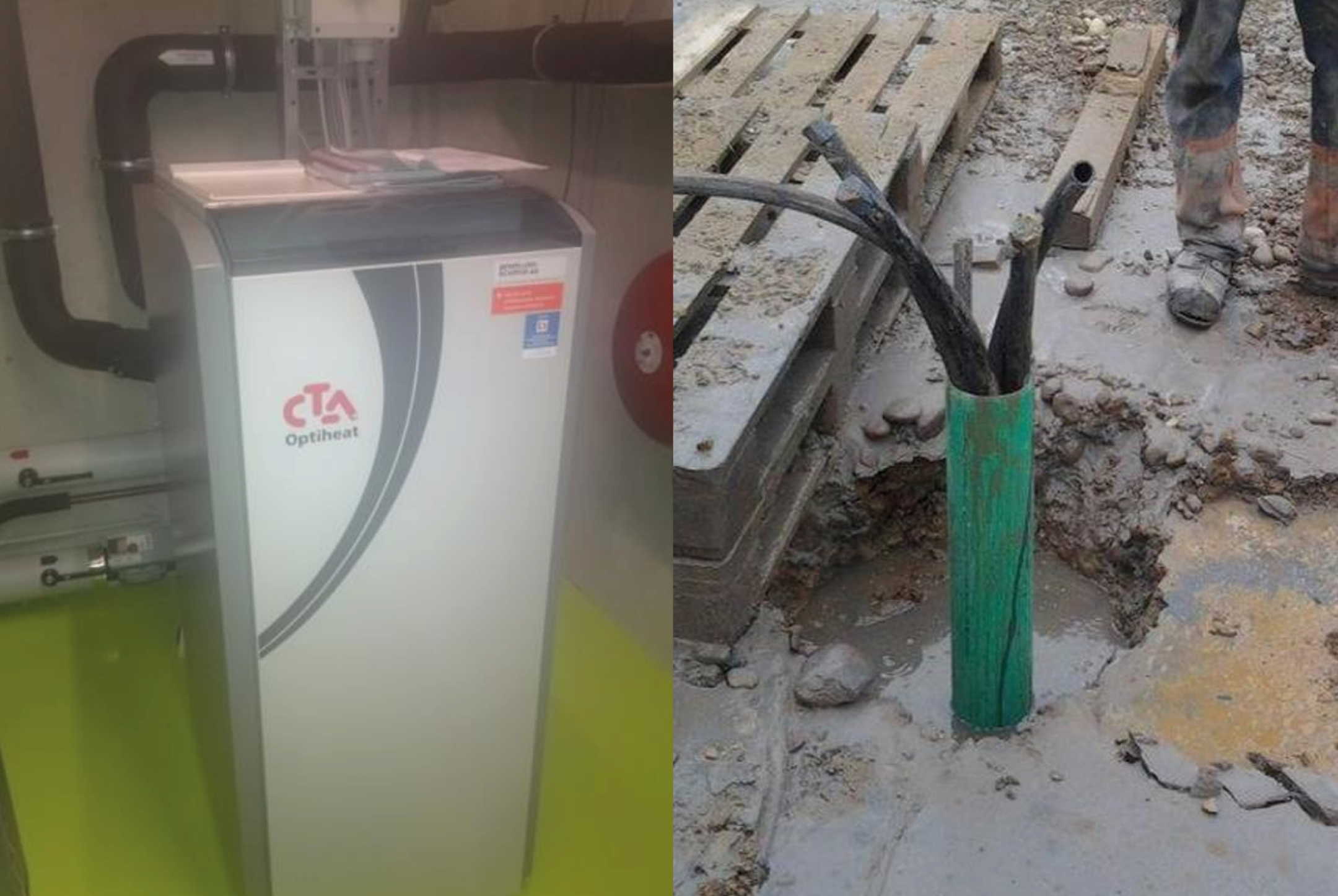 links: Verwendete Sole-/Wasser Wärmepumpe mit einer Heizleistung von 33.1 kW bei W35. rechts: Austritt der Erdwärmesondenbohrung