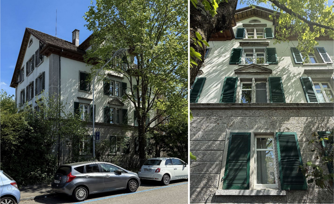 Zweiteilige Abbildung: links ein Mehrfamilienhaus in Zürich mit heller Fassade und grünen Fensterläden; rechts Fassadendetails mit Steinverkleidung und dekorativen Fensterrahmen.