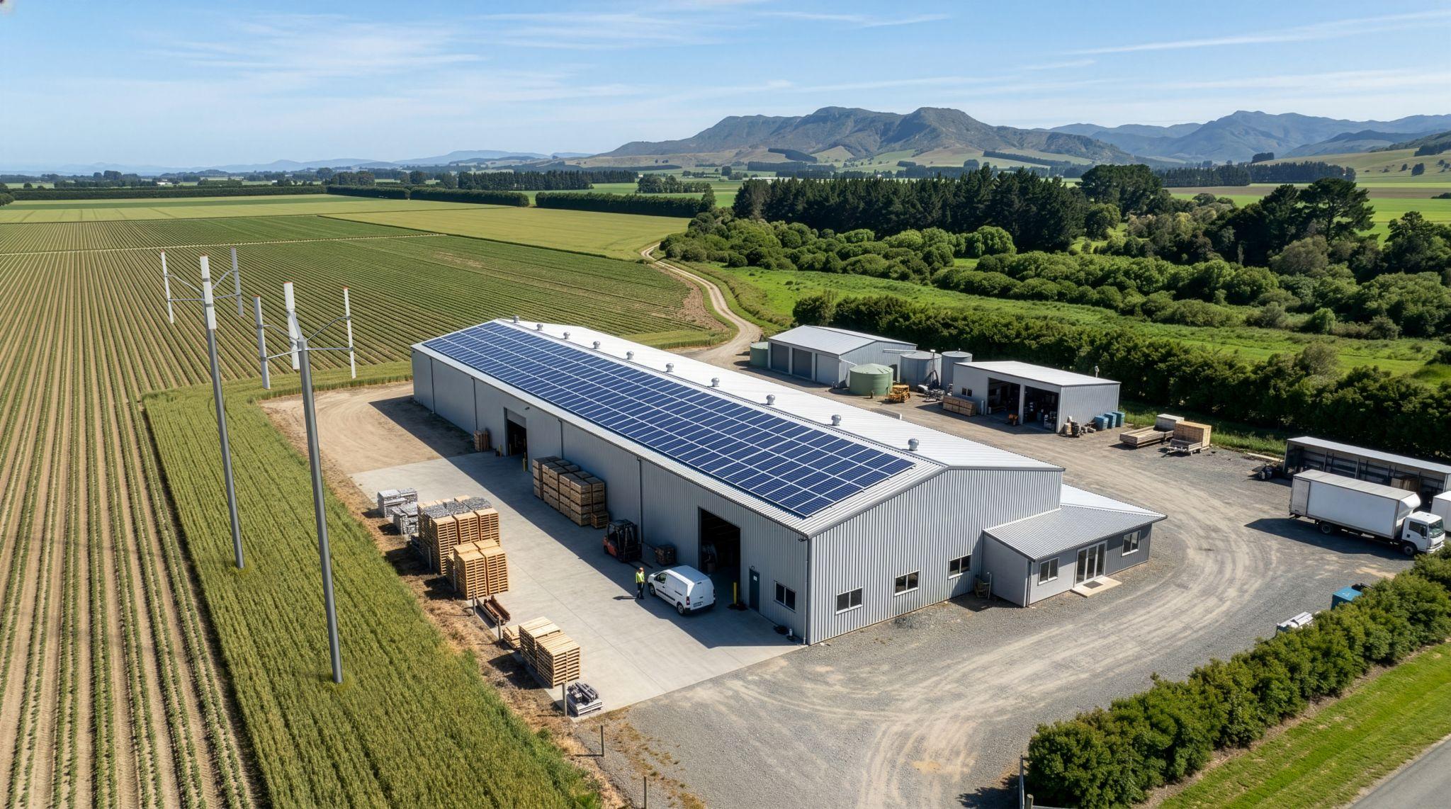 Grosse Halle mit Solaranlage auf dem Dach und drei Windturbinen mit senkrechter Drehachse auf einem Feld, Berge im Hintergrund.