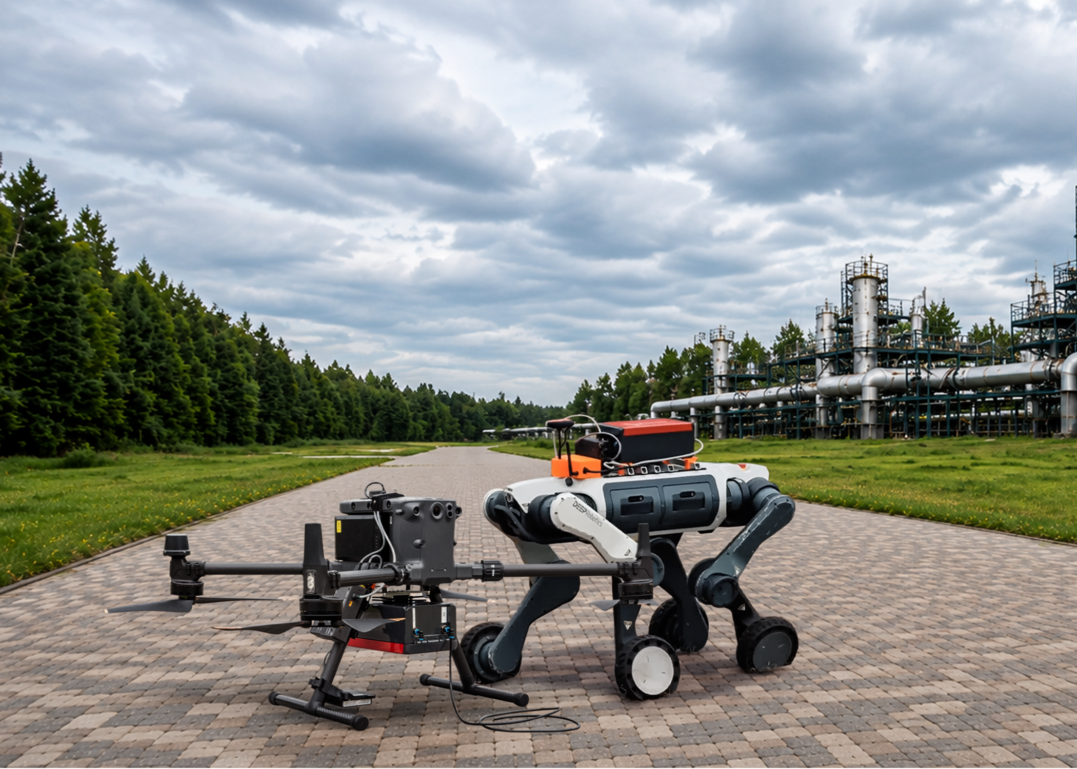 Drohne und vierbeiniger Roboter von SensorX Solutions auf gepflastertem Weg vor Industriegelände und Wald.