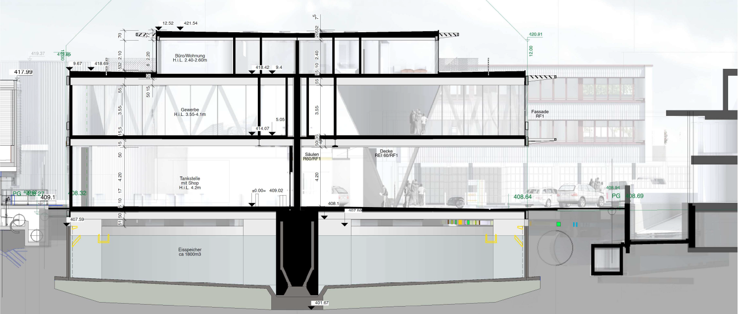 Längsschnitt durch das Neubau Gewerbegebäude Rorguet