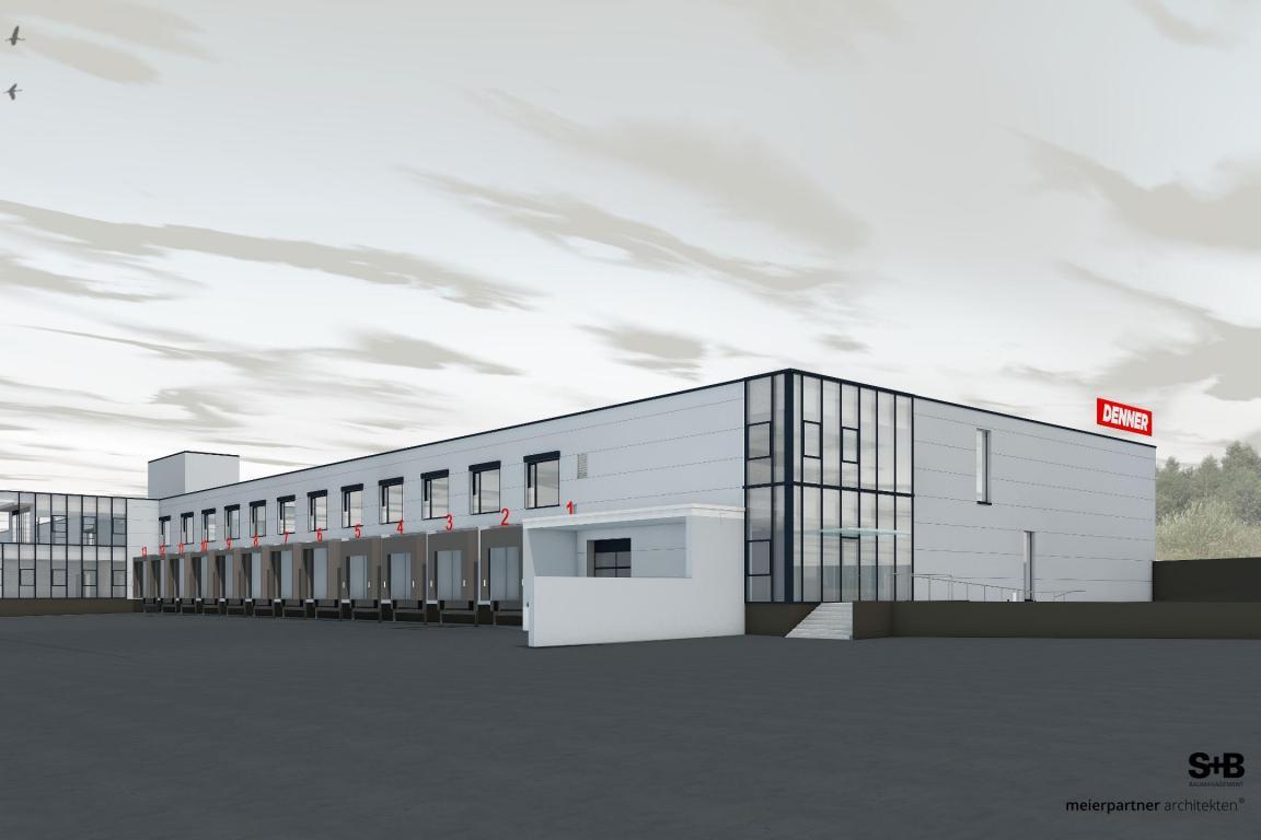 Rendered-Ansicht des Denner-Verteillagers mit LKW-Ladelampen und der Aufschrift «DENNER».