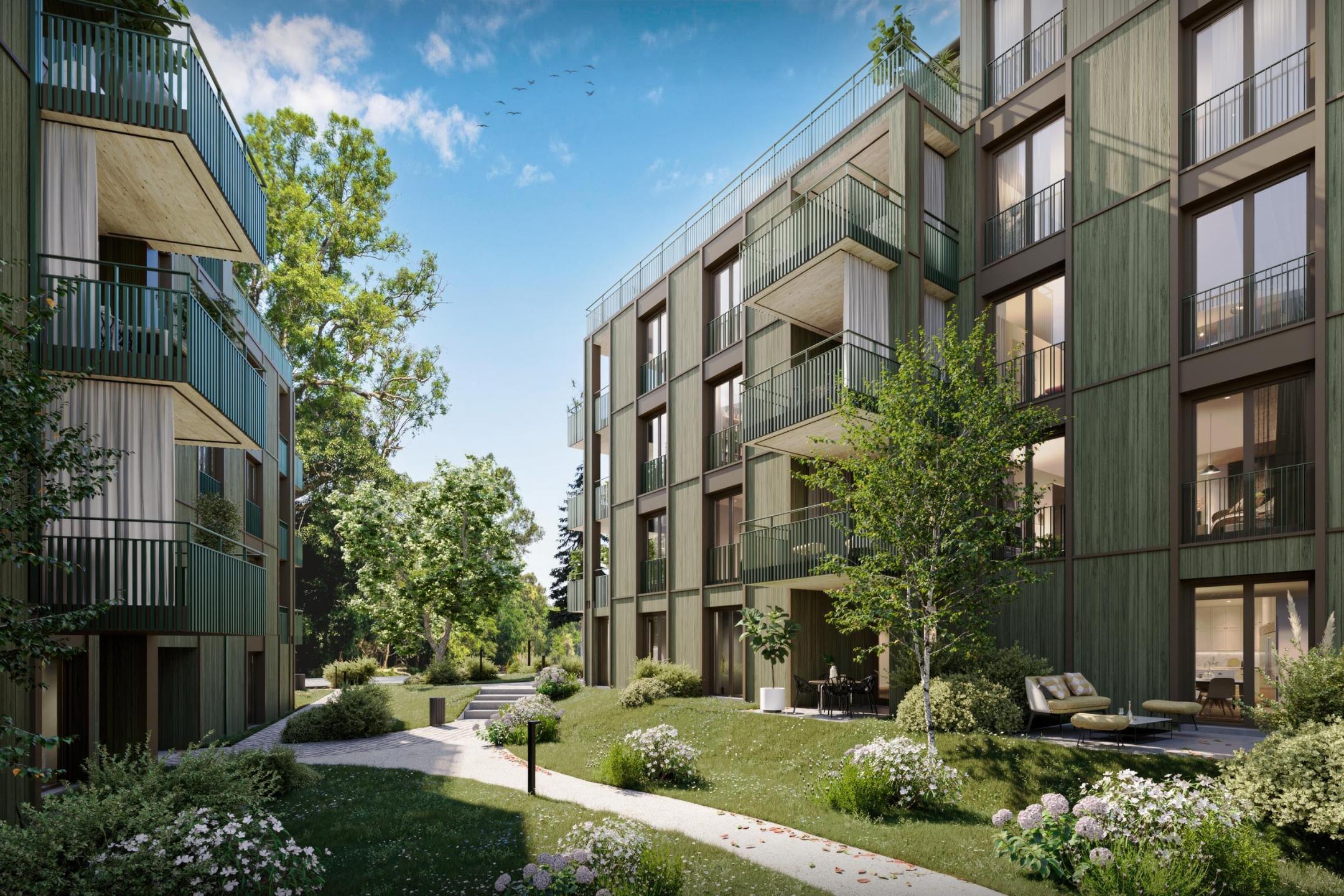 Rendering eines begrünten Innenhofs zwischen mehrgeschossigen Holzgebäuden mit Balkonen, Wegen und Sitzgelegenheiten, umgeben von Bäumen und Sträuchern.