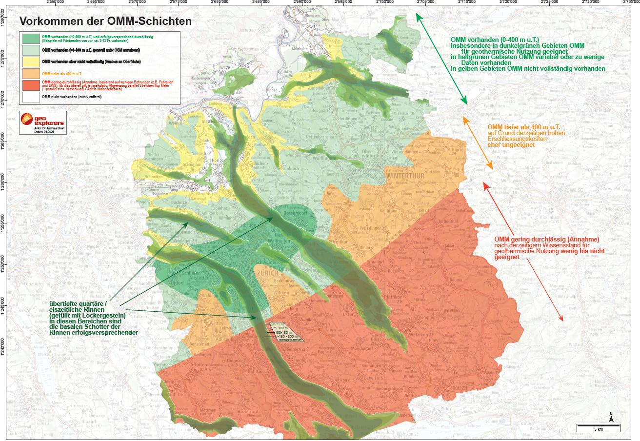 Karte des Kantons Zürich mit farblich markierten Gebieten, die das Vorkommen der Oberen Meeresmolasse (OMM) darstellen. Geeignete Gebiete für geothermische Nutzung sind in grün dargestellt und liegen vor allem im westlichen und zentralen Teil des Kantons, einschliesslich Regionen um Zürich und entlang der Molasserinnen. Teilweise geeignete Gebiete sind in gelb markiert und befinden sich überwiegend im nördlichen und mittleren Bereich. Nicht geeignete Gebiete sind in rot und orange dargestellt und liegen hauptsächlich im südöstlichen Teil des Kantons, wo die OMM entweder zu tief oder wenig durchlässig ist. Die Legende oben links erklärt die Farbcodierung: Grün = OMM vorhanden und geeignet, Gelb = OMM teilweise vorhanden, Orange = OMM tief, Rot = OMM gering durchlässig.