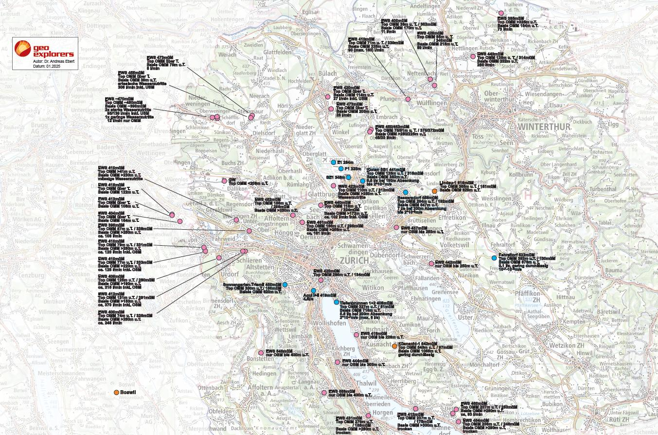 Karte des Kantons Zürich mit markierten Standorten bestehender Bohrungen in der Oberen Meeresmolasse. Die Karte zeigt zahlreiche Punkte mit Beschriftungen, verteilt über das gesamte Gebiet, insbesondere im Raum Zürich, Winterthur und entlang des Mittellandes. Legende und Logo «geo explorers» sind oben links sichtbar.