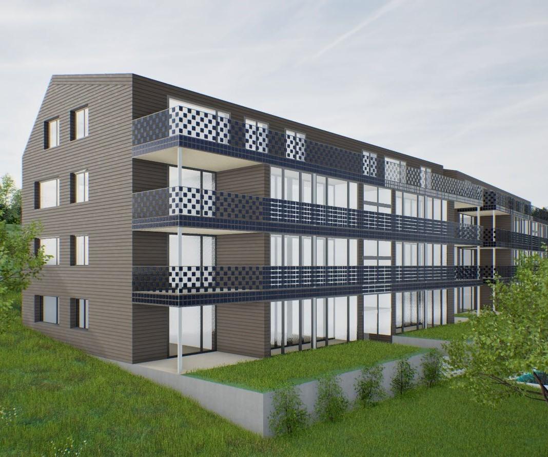 Rendering der beiden Mehrfamilienhäuser aus südwestlicher Ansicht. Balkongeländer sind als semi-tranparenten Photovoltaik-Panelen dargestellt, die südseite ist mit viel Aussenbezug gestaltet und erlaubt hohen solaren Eintrag. 