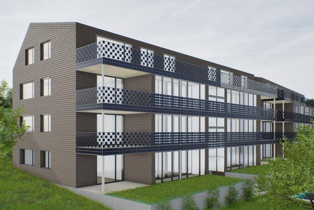 Rendering der beiden Mehrfamilienhäuser aus südwestlicher Ansicht. Balkongeländer sind als semi-tranparenten Photovoltaik-Panelen dargestellt, die südseite ist mit viel Aussenbezug gestaltet und erlaubt hohen solaren Eintrag. 