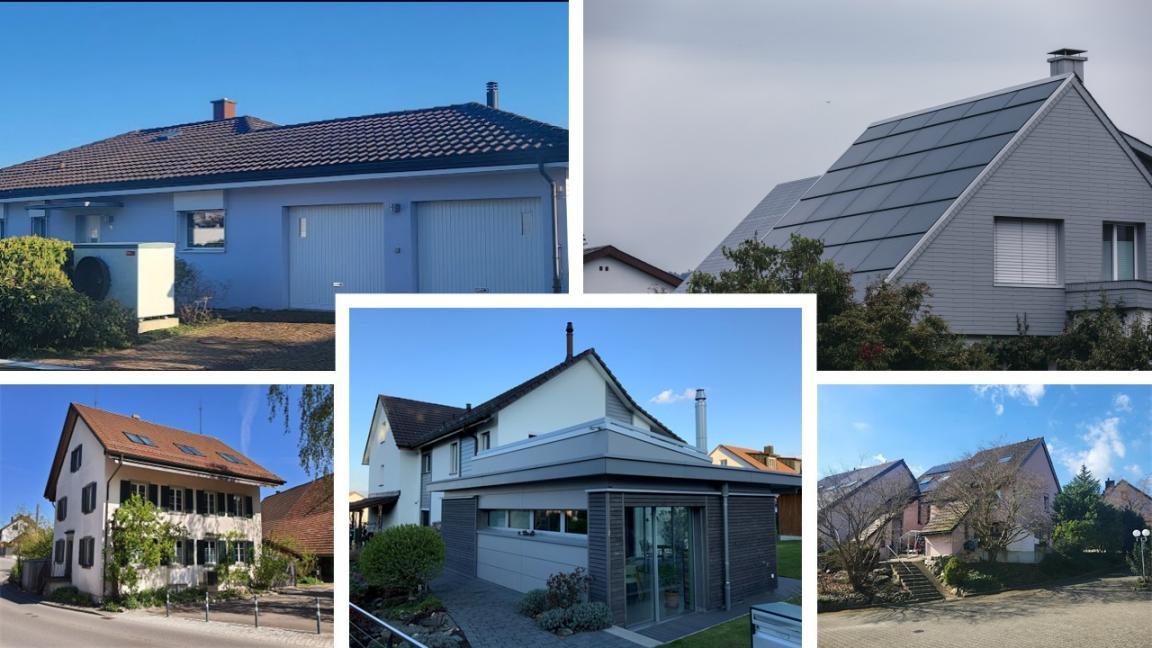 Collage aus fünf Fotos verschiedener Wohnhäuser: ein eingeschossiges Einfamilienhaus mit dunklem Satteldach, ein modernes Gebäude mit großflächiger Solaranlage auf dem Dach, ein traditionelles mehrstöckiges Haus mit Holzläden, ein modernes Einfamilienhaus mit Anbau sowie eine Häuserreihe mit leicht geneigten Dächern.