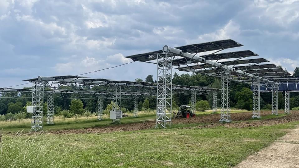 Agri-PV-Anlage in Wädenswil mit Reihen von Solarmodulen auf hohen Stahlkonstruktionen, darunter ein Traktor auf einem Acker.