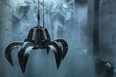 Metallischer Greifarm in einer Halle mit Rauch und Abfall im Hintergrund.