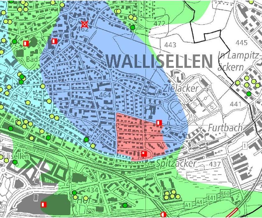Karte des Gebiets Wallisellen mit farbigen Zonen für geothermisches Potenzial: blau markierte Bereiche für Grundwassernutzung, grüne Flächen für mögliche Erdwärmesondenfelder und rote Zone für geplantes Wärmenetz. Zusätzlich sind bestehende Bohrungen und Infrastruktur eingezeichnet.