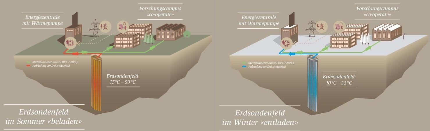 Darstellung des Betriebs eines Erdsondenfeldes im Sommer (Beladung) und Winter (Entladung) mit Wärmepumpe und Energiezentrale auf einem Forschungscampus.