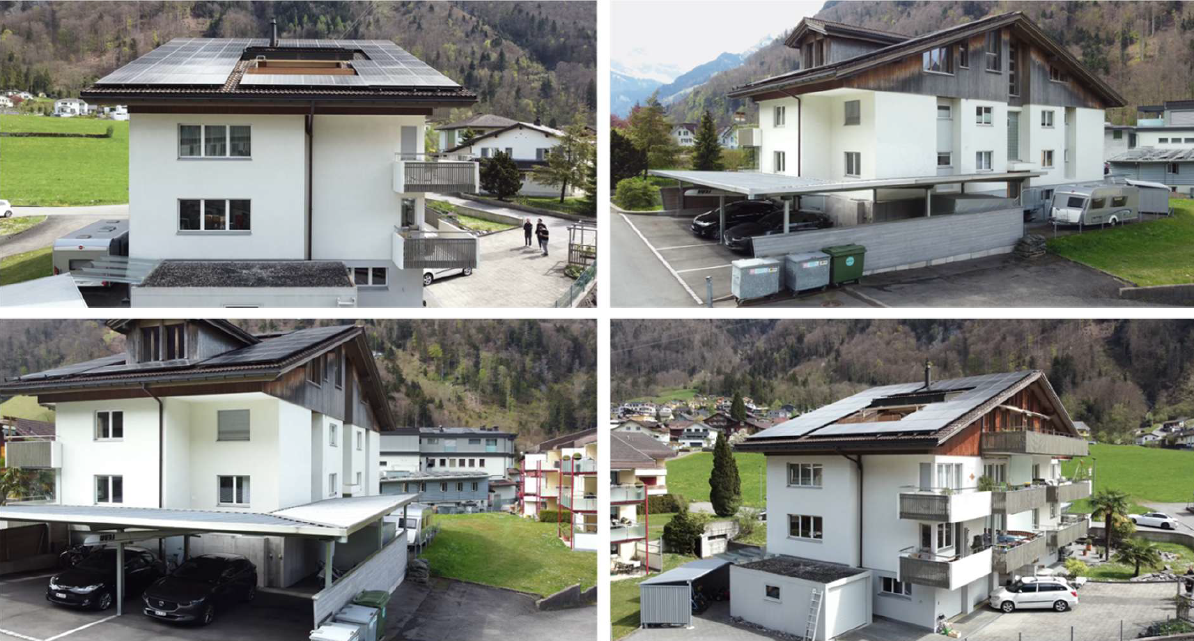Drohneninspektion des zu sanierenden Gebäudebereichs als Teil des 3D-Scannings. zeigt das Gebäude von allen 4 Seiten