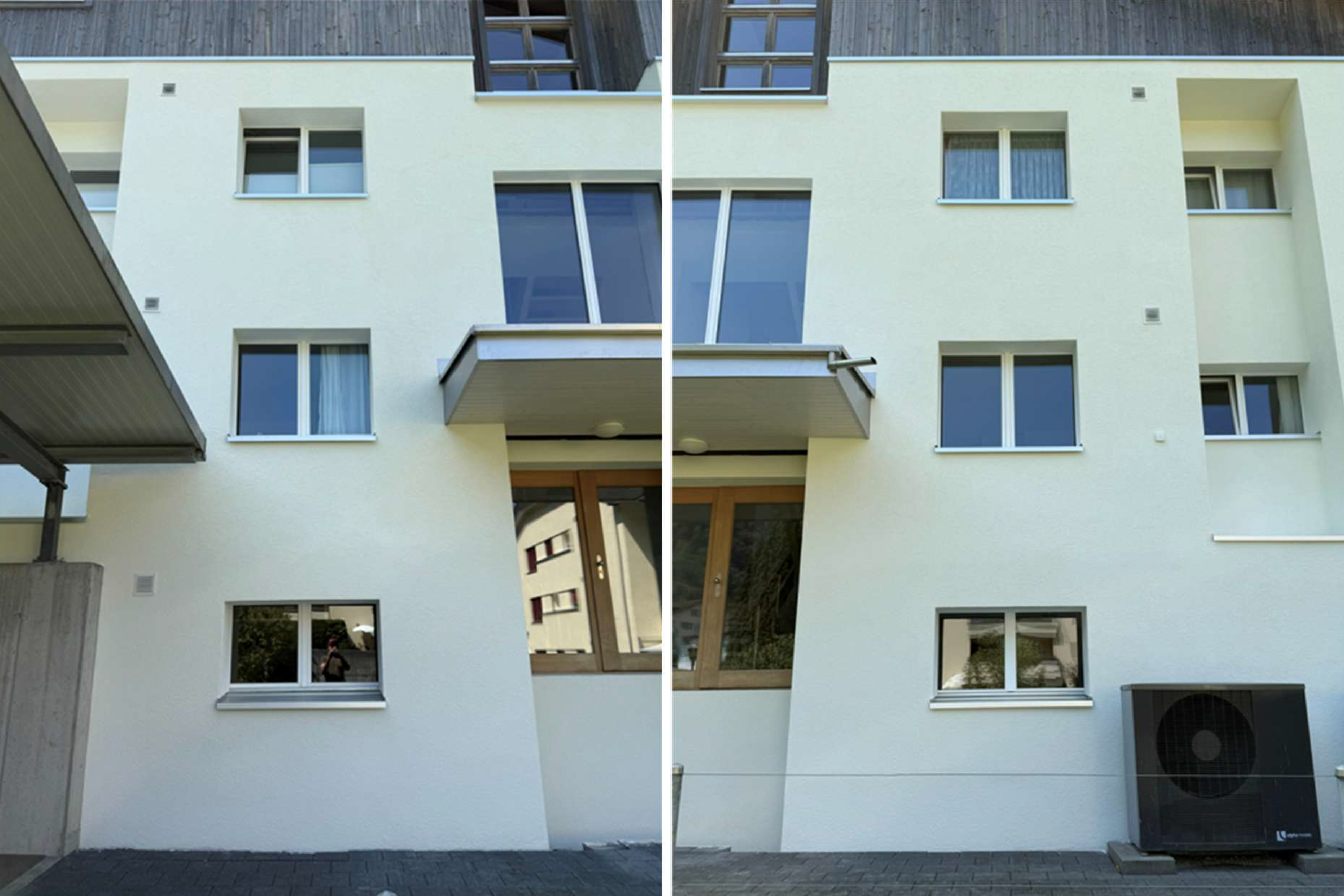 Direkter Vergleich beider Fassadenseiten: konventionelles Wärmedämmverbundsystem links, vorgefertigtes System rechts. Qualität und Erscheinungsbild sind identisch.