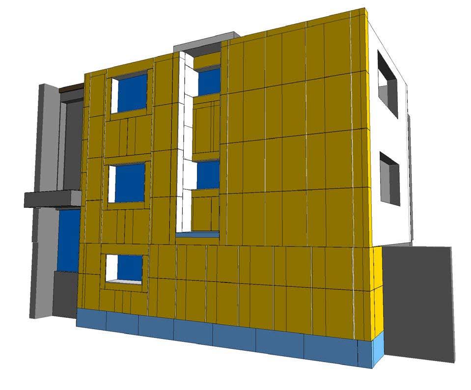 Eine computergenerierte Zeichnung eines Mehrfamilienhauses. An einer Fassade sieht man in Gelb die Fassadenelemente.