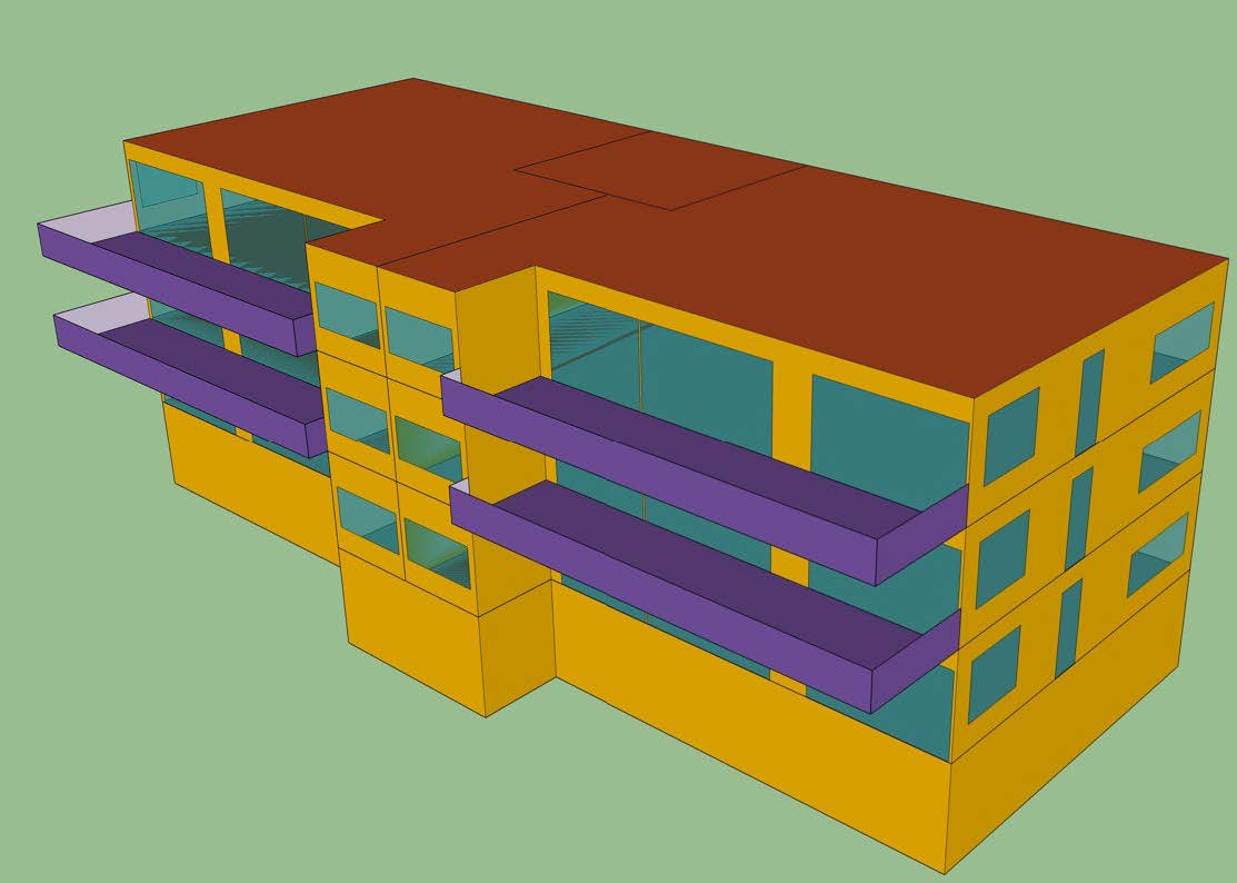 3D-Modell eines rechteckigen Mehrfamilienhauses mit drei Geschossen. Die Fassade ist gelb, die Fensterflächen sind gross und blau dargestellt. Das Dach ist flach und rot eingefärbt. Auf beiden Längsseiten befinden sich violette Balkone, jeweils zwei pro Geschoss. Das Modell ist stark vereinfacht und zeigt die Grundstruktur des Gebäudes ohne detaillierte Oberflächen oder Umgebung.