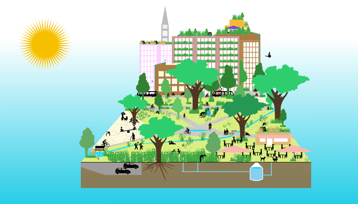 Das Bild zeigt eine schematische Darstellung eines Parks im Vordergrund. Im Hintergrund befinden sich mehrere mehrstöckige Gebäude. Auf dem Bild wird gezeigt, welche Möglichkeiten zur Verringerung der Hitzebelastung bestehen. So hat es viele grosse Bäume, viele unterschiedliche Grünflächen und mehrere Stellen mit Wasser wie kleine Teiche und Flüsse. Auch gibt es Bereiche mit Sonnenschirmen. Die Gebäude im Hintergrund sind sowohl auf dem Dach wie auch an der Fassade begrünt. 