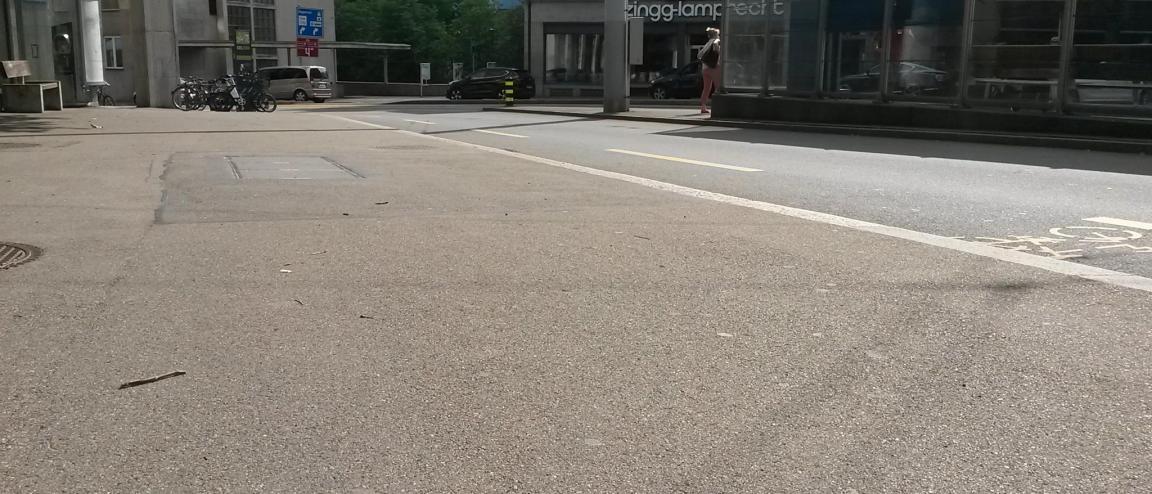 Eine Strasse in Zürich mit Tramhaltestelle, Trottoir und Velostreifen bietet allen Verkehrsteilnehmerinnen viel Platz jedoch kaum Schatten.