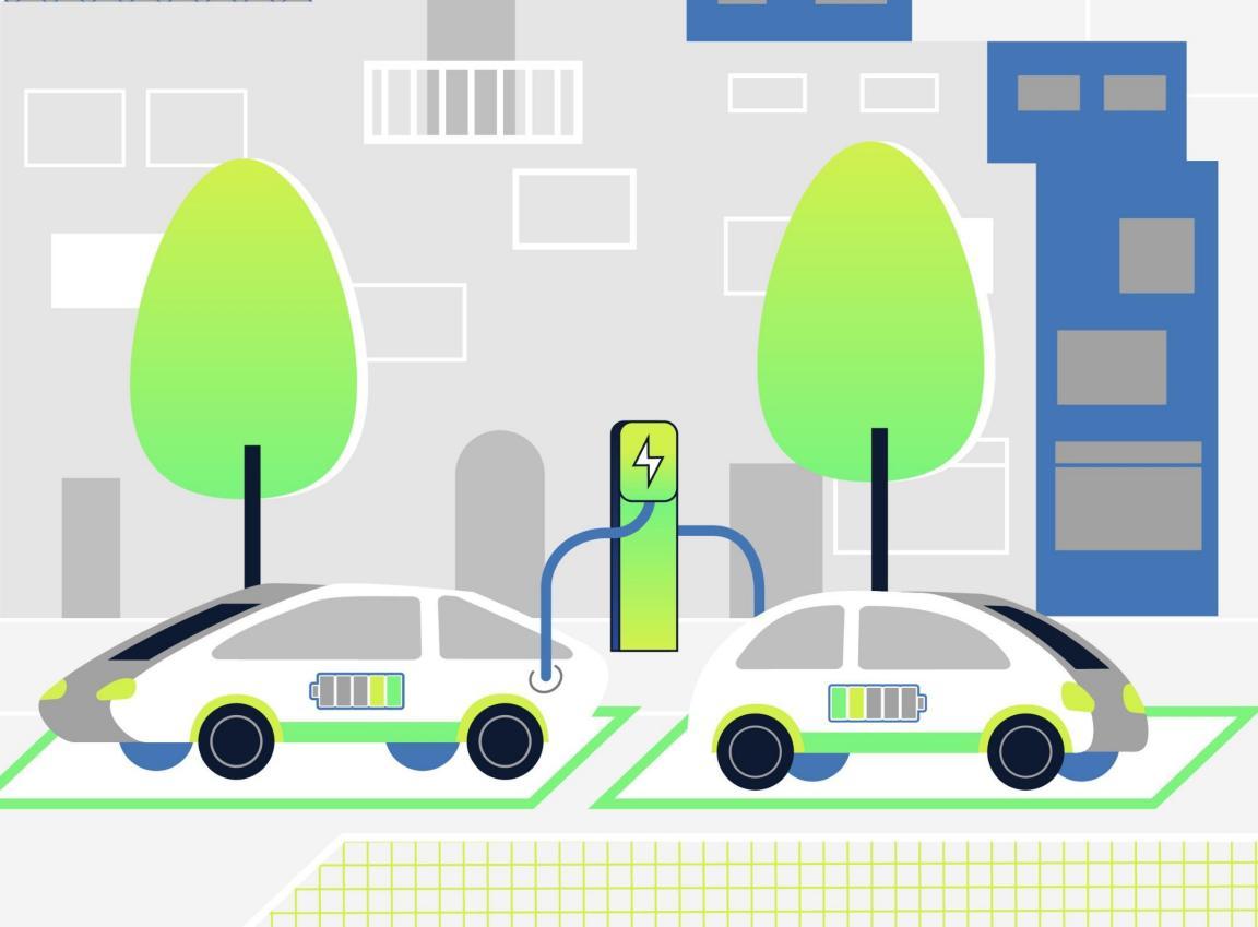 Das Bild zeigt zwei weisse Elektroautos, die nebeneinander auf einem Anwohnerparkplatz stehen. Eines der Autos ist an eine grün-blaue Ladesäule mit Blitzsymbol angeschlossen. Beide Fahrzeuge haben ein Batteriesymbol auf der Seite. Im Hintergrund sind stilisierte Gebäude und zwei grüne Bäume zu sehen. Die Darstellung ist modern und minimalistisch. 