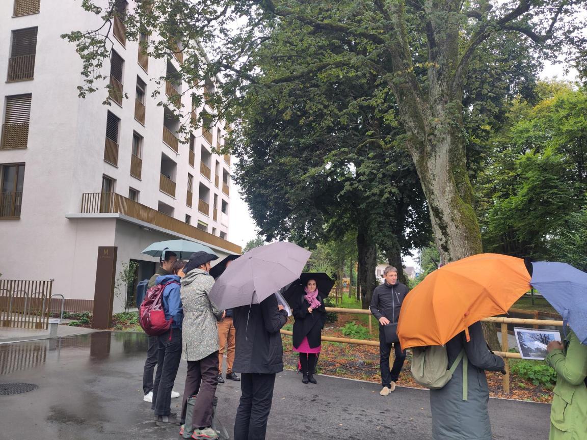 Personen mit Regenschirm stehen vor einem Baum im Siedlungsgebiet