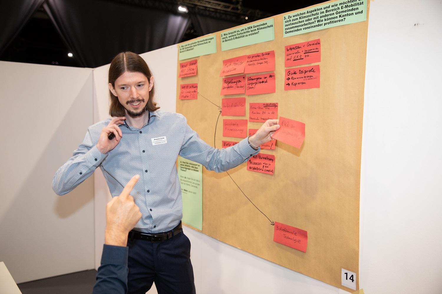 Ein Mitglied einer Workshopgruppe ist im Begriff einen roten Zettel mit einer neuen Erkenntnis seiner Gruppe auf eine braune Flipchart zu kleben.