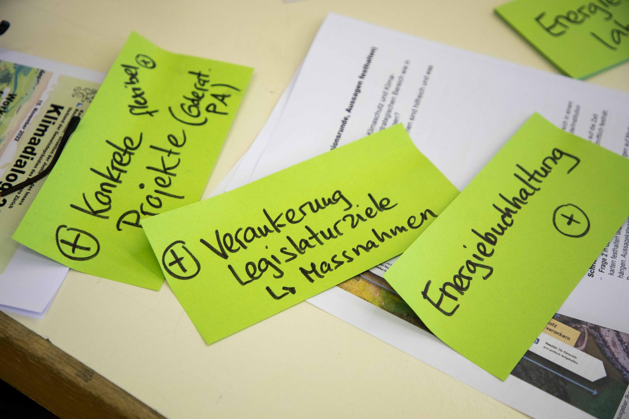 drei Klebezettel mit Aufschrift «Konkrete Projekte», «Verankerung Legislaturziele» und «Energiebuchhaltung», jeweils mit Plus-Symbol