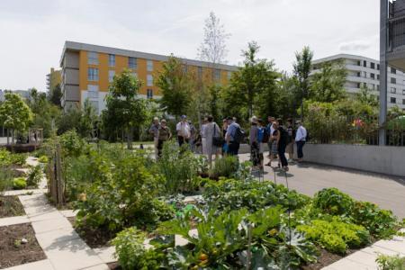 Teilnehmende stehen bei Siedlungsgarten zusammen