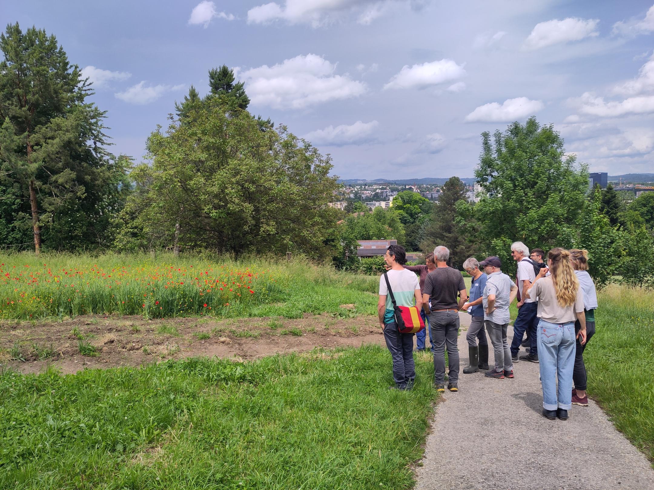 Gruppe neben einem Feld des Huebhofs stehend.