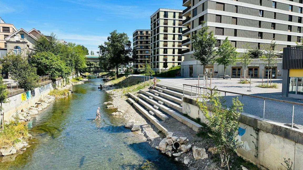 naturnah gestalteter Fluss mit Treppe, die von Badenden genutzt wird, rechts die Überbauung Zwicky