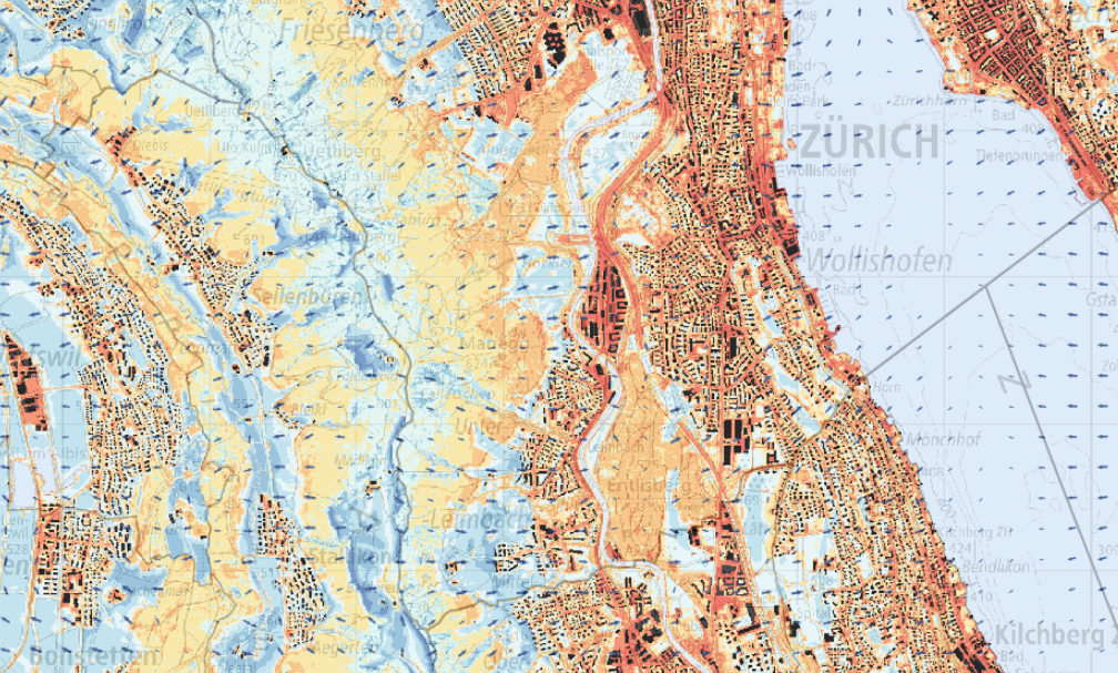 Ausschnitt aus der Klimaanalysekarte Nacht im Raum Uetliberg. Klimakarten 2024, Kanton Zürich