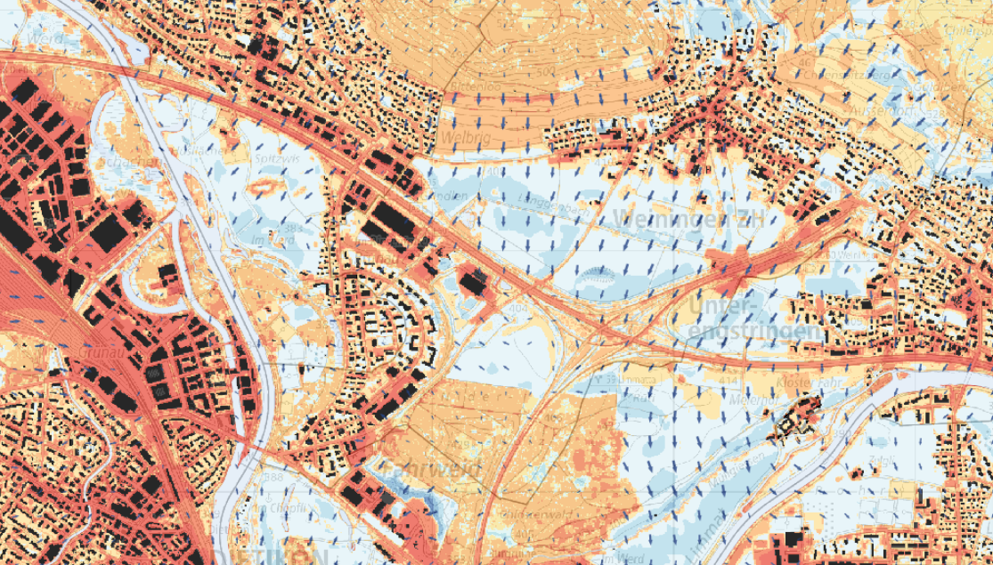 Alle gelb-orange-roten Flächen sind bereits heute Wärmeinseln. Je röter die Fläche, umso dringender sind Massnahmen zur Hitzeminderung und Frischluftzufuhr.