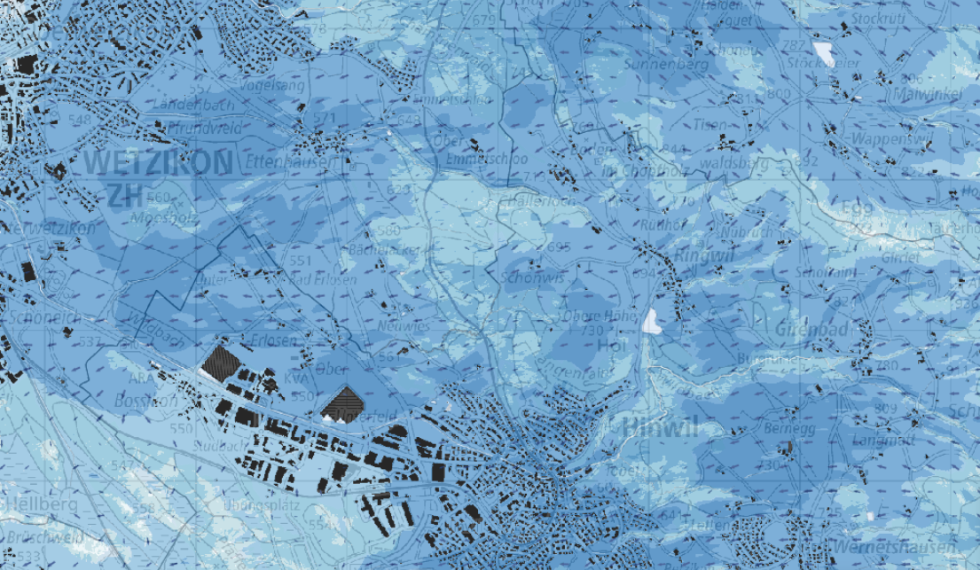 Ausschnitt aus der Klimaanalysekarte Nacht, Kaltluftvolumenstrom, im Raum Wetzikon. Klimakarten 2024, Kanton Zürich